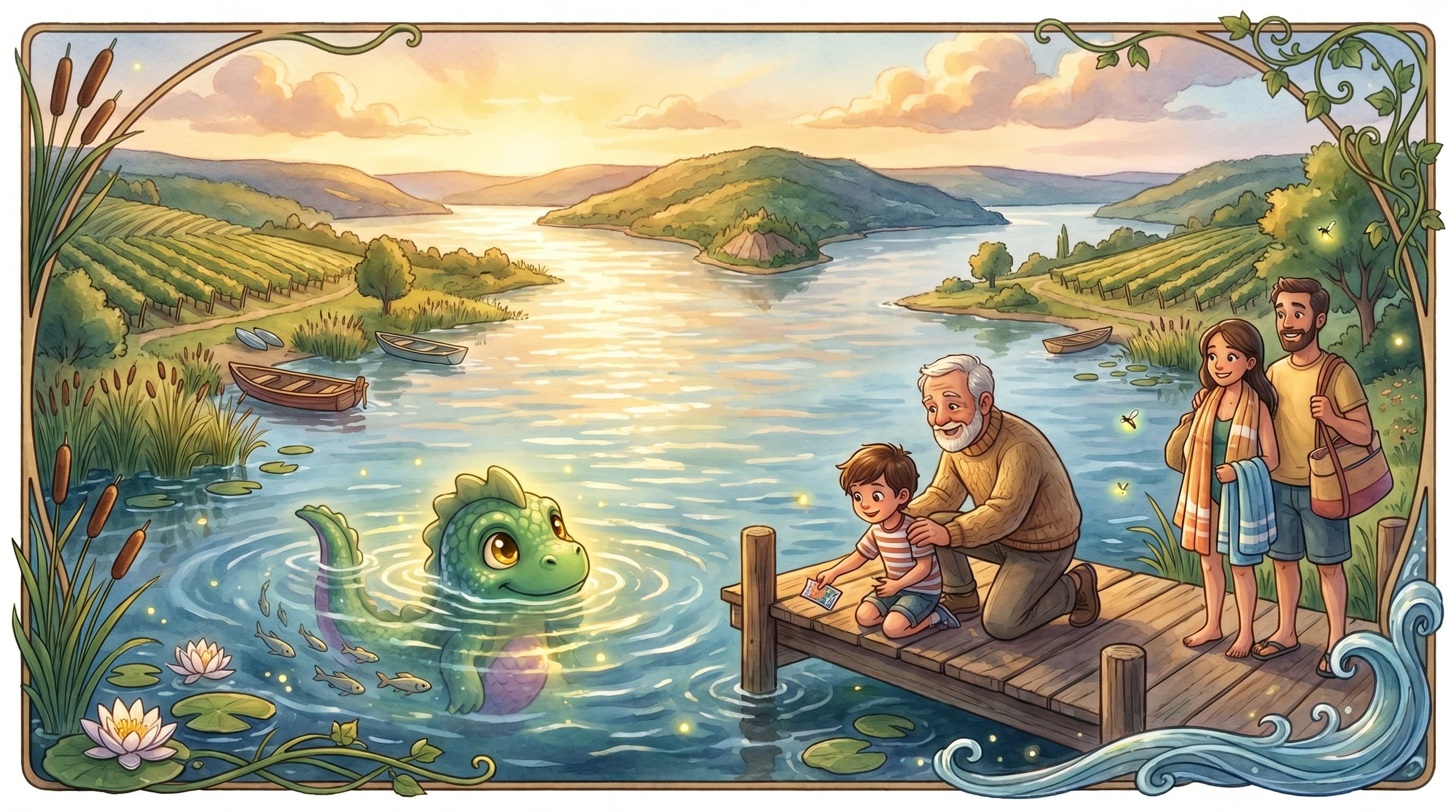 The Legend of Keuka Karl — a child and grandparent discover Karl's golden shimmer at a Keuka Lake dock